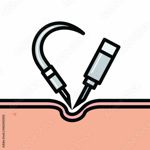 Flat design illustration of precision medical instruments interacting with human skin, representing advanced biotechnology