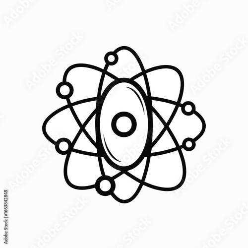 Illustrated atom icon symbol for science and biotechnology concepts. Simple line drawing on a white background represents molecular structure, energy, and scientific study. Vector graphic