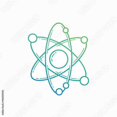Illustration of an atom, a symbol of science and biotechnology. The vector design conveys progress and futuristic technology in a modern and minimalistic style. Great for scientific concepts