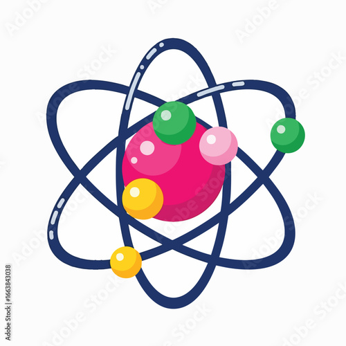 Illustration of an atom model showcasing molecular structure. This represents science, biotechnology, and education. Use this for scientific concepts and studies