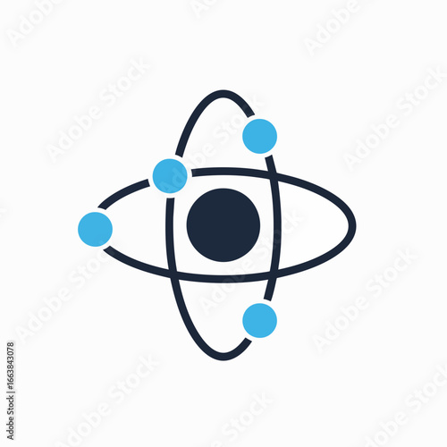 Illustration of an atom with orbiting electrons. Represents science, biotechnology, or education. Clean vector graphic style on a white background, suitable for various concepts