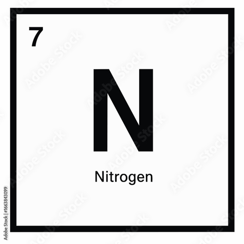Illustration of Nitrogen, a chemical element with atomic number 7. Scientific symbol. Use for atom research, biotechnology, science education and chemistry concepts. Vector illustration