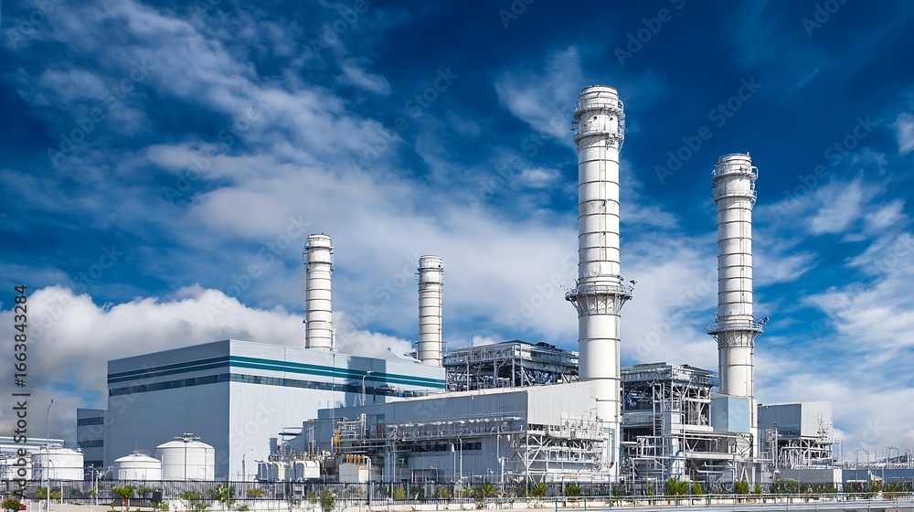 Obraz premium Power Plant Complex with Tall Chimneys Against Cloudy Sky Modern Industrial Architecture for Energy Production Sustainability Technology