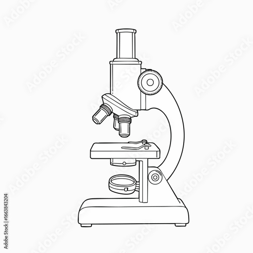 Line art illustration of a microscope. Concept for scientific research, biotechnology, educational resources. This image depicts molecule or atom exploration in a laboratory