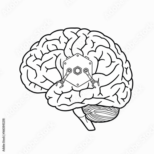 Line art of a human brain with a mechanical device, featuring robotic arms and an atom symbol