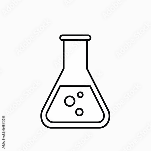 Minimalist line art icon of a laboratory conical flask with bubbling liquid. It represents scientific research, chemical experiments, and discovery