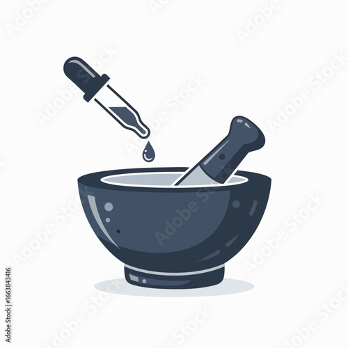 Mortar and pestle with dropper for medicine. Concept for pharmacy, herbal medicine, biotechnology, aromatherapy and natural remedies. Simple design illustration for commercial use
