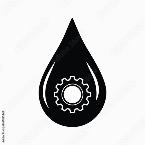 Oil drop with gear icon. Symbol of industrial lubrication, biotechnology, or technological efficiency