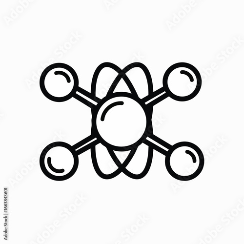 Simple line art illustration of a stylized atom, representing the core concept of biotechnology and scientific research