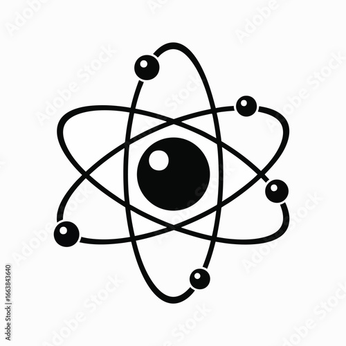 Stylized black and white atom icon. The atomic model represents concepts of science, biotechnology, physics, and chemistry. Use for educational materials, design elements, or web icons