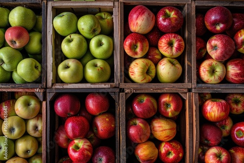Farmstand apple harvest, wooden crates, red green apples, sunlight