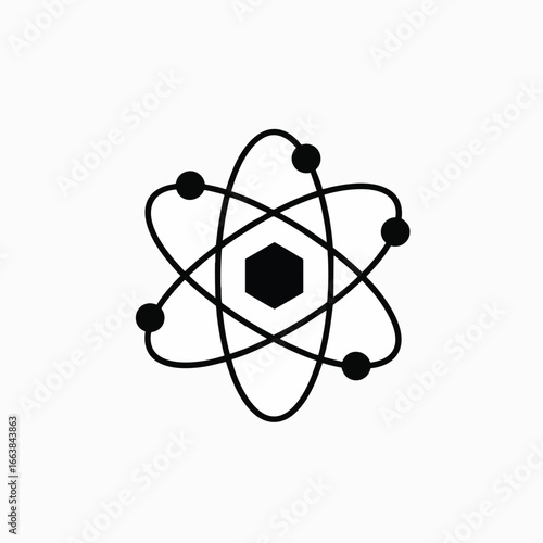 Vector illustration of an atom with electrons orbiting the nucleus. This graphic represents science, technology, and the atom's role in fields like biotechnology