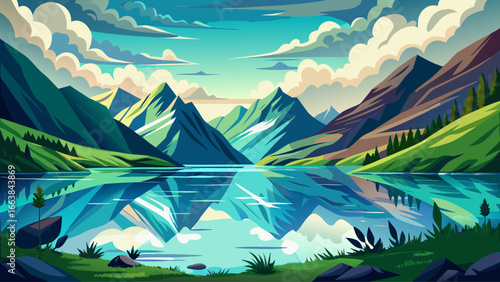 Serene lake lies surrounded by lush green mountains, bright cloudy sky glowing gently above, reflections shimmer quietly, peaceful New Zealand scenery whispering harmony, timeless beauty unfolding gra