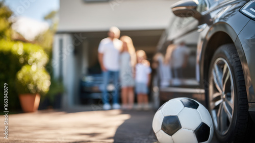 Fototapeta Naklejka Na Ścianę i Meble -  Family enjoys sunny day outside their home, with soccer ball in foreground and car parked nearby. scene captures sense of togetherness and leisure