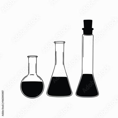 Vector illustration of laboratory flasks filled with dark liquid, representing science, biotechnology, and atomic research. Ideal for educational content