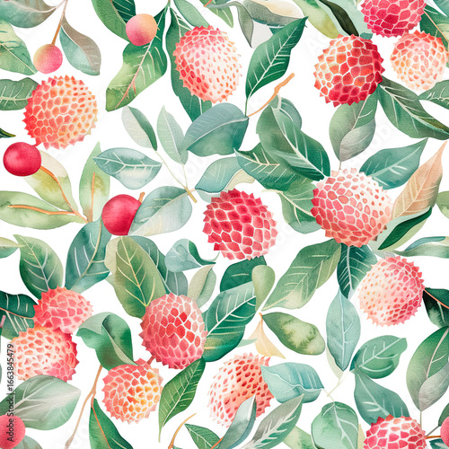 Lychee Fruit Seamless Pattern with Green Leaves – Watercolor Design