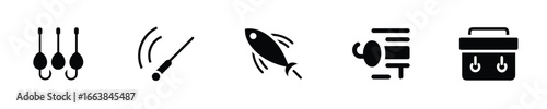 Fishing tackle icons including hooks bait lure tackle box sonar vector