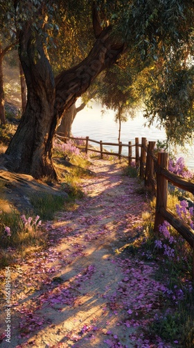 Sunlit path through a floral grove