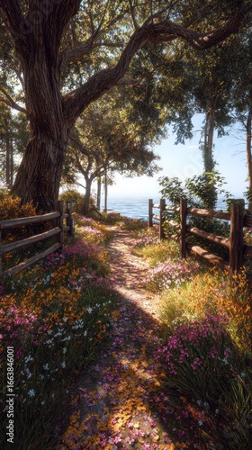 Sun-drenched path through a flowery forest