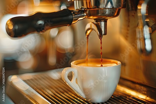 Espresso brewing cafe shop, warm lighting, coffee preparation