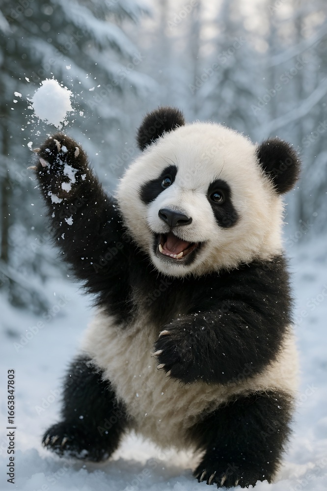 Fototapeta premium Funny Panda Cub Throwing Snowball in Winter Fun Scene