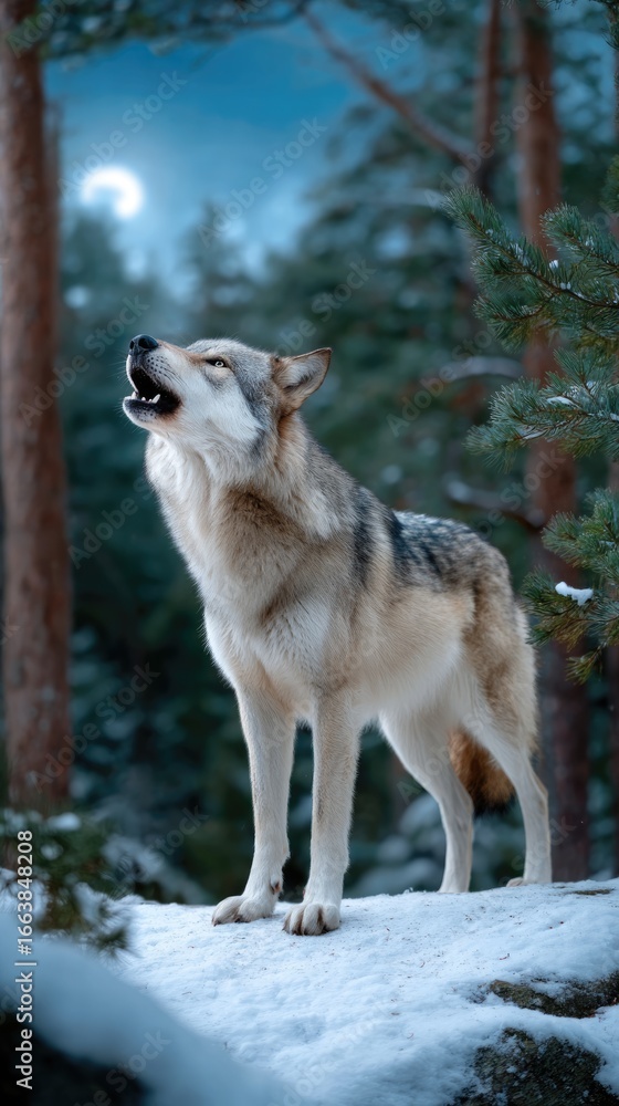 Naklejka premium A wolf stands on a snow-covered terrain, emitting a haunting howl that echoes through a tranquil forest. Pine trees surround the scene, enhancing the wild atmosphere