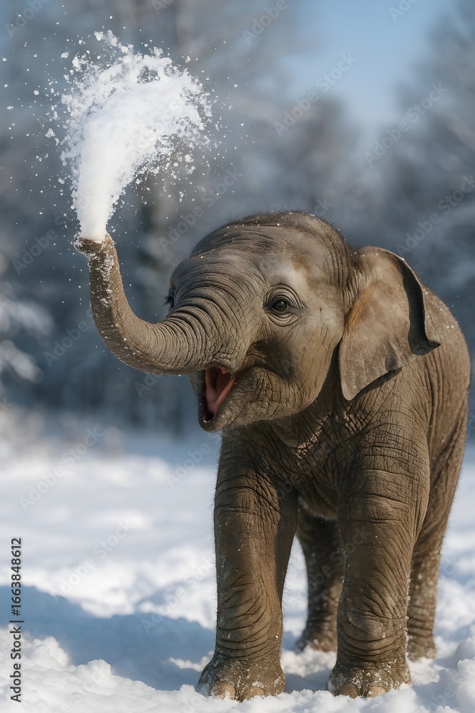 Fototapeta premium Funny Baby Elephant Spraying Snow Playfully with Trunk