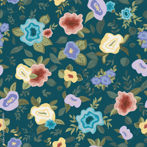 Colorful Abstract Layered Flowers on a Dark Country Blue Background Background creating a seamless pattern print