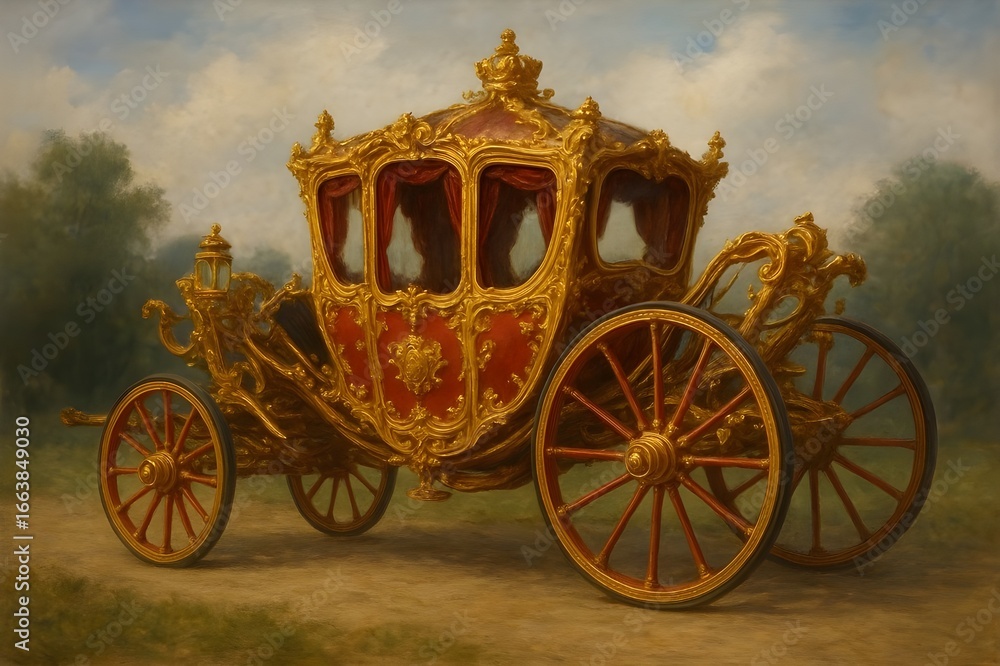 Fototapeta premium Elegant golden royal carriage with ornate details and red velvet interior, sitting on a dirt path in a scenic landscape.