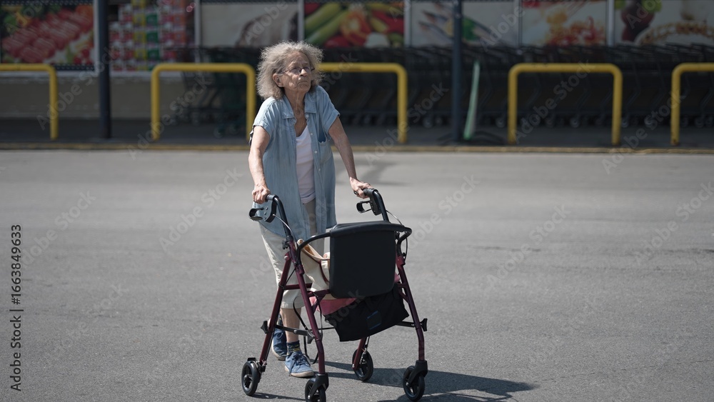 Obraz premium An elderly woman with silver hair relies on her walker as she navigates a grocery store parking lot, preparing for her shopping trip in broad daylight.