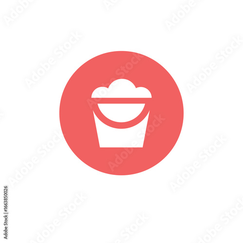 Bucket Icon: A minimalist icon of a bucket, filled with white foam, against a round red background, symbolizing cleanness and freshness.