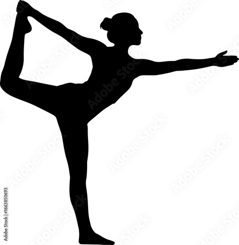 Graceful black silhouette of a woman in a dancer's yoga pose. Isolated vector illustration demonstrating balance, flexibility, and wellness