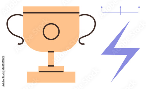 Golden trophy with bold handles, blue lightning bolt symbol, simplistic line elements. Ideal for success, leadership, energy, motivation, sportsmanship reward competition. Simple flat metaphor
