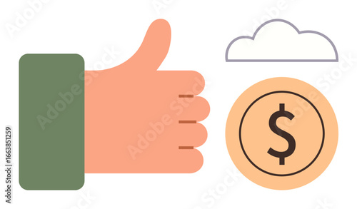 Thumbs-up next to a dollar coin below a cloud, symbolizing financial success, investment, saving. Ideal for business, economy, finance, wealth growth motivation approval career. Minimal flat