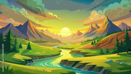 Serene sunrise paints green valley, mist curling above winding river, golden light spreading warmth, picturesque landscape glowing timelessly, harmony between sky and earth unfolding gently, eternal b
