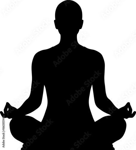 Silhouette of a person meditating in a lotus position, symbolizing peace, balance, and inner calm. The figure is seen from the front, with hands resting on knees in a meditative gesture