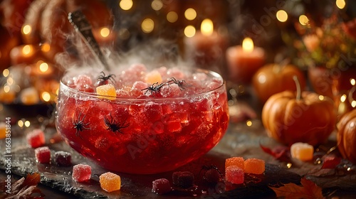 Spooky Halloween party punch served in a large glass bowl with colorful candies and black spider decorations
