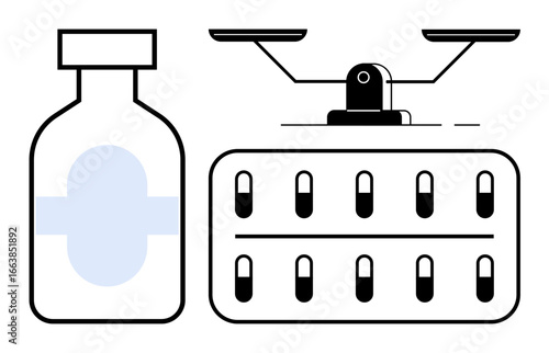 Medicine bottle, blister pack of capsules, and balance scale emphasizing health, treatment, ethics, and decision-making. Ideal for healthcare, pharmacy, research ethics law science or medical