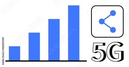 Increasing signal bars in blue alongside 5G text and sharing icon symbolize connectivity, speed, and tech advancements. Ideal for communication, technology, telecommunication, internet services