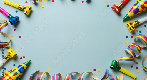 Vibrant party horns and streamers adding fun to a festive new year celebration