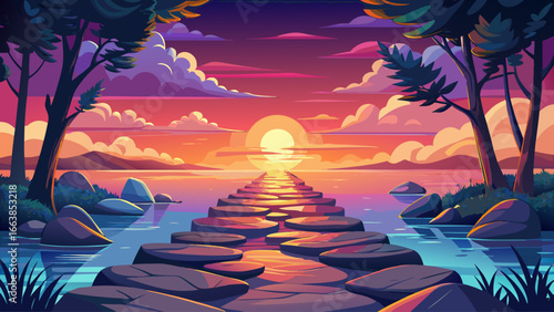 Path of stone leads forward, glowing sunset painting sky, calm water reflecting distant trees, vibrant hues shimmering brightly, timeless serenity unfolds gracefully, delicate harmony between light, n