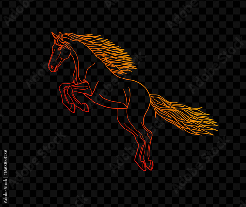 Jumping fiery horse on transparent background. Glowing outline of horse with gradient and shine. Suitable for calendar, Chinese New Year, poster, horoscope. Vector illustration.