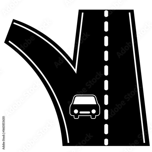 分岐する道路と車のピクトグラムイラスト