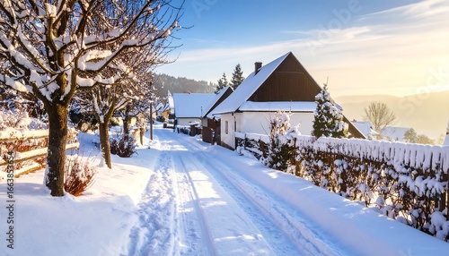 Idyllic winter scene featuring snow covered houses and a road in the countryside