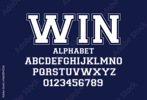 Classic college font. Vintage sport serif font in american style for football, soccer, baseball and basketball. Alphabet and numbers with outline in varsity style