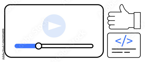 Media player interface with play button, progress bar, thumbs-up icon, coding block. Ideal for video streaming, user feedback, programming education, UIUX design, tech tutorials app design simple