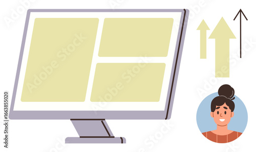 Desktop screen displaying data layout, chart arrows indicating growth. Smiling woman representing user engagement. Ideal for technology, growth, business, analytics, innovation, web design user