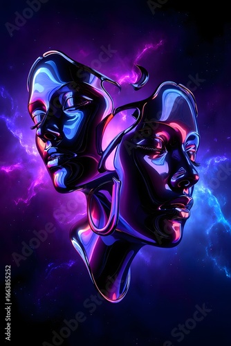 Futuristic Chrome Faces with Neon Lightning metallic