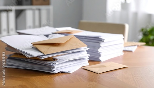 Overwhelmed with Paperwork: A Desk Laden with Envelopes and Stacks of Documents