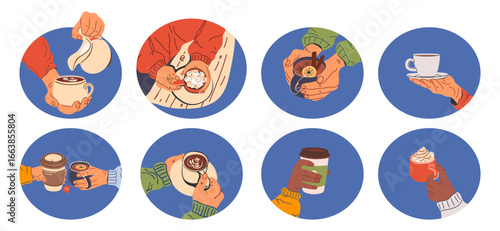 Round stickers with coffee cups in hand. Hot drinks in ceramic mugs and paper cups for takeaway. Cappuccino, cocoa with marshmallow, tea, espresso, and Americano. Flat vector illustration. Isolated.